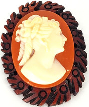 Vintage Cameo Brooch Pin Bakelite Dark Cherry Orange Butterscotch Celluloid - £62.25 GBP