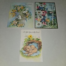 3 VTG Happy Birthday Greeting Cards Lot Floral Lake Birds Puppies NEVER USED - £11.64 GBP