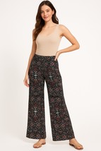 Max Edition L Wide Leg Boho Pants Floral Stretch Pull On Lounge Palazzo - $16.73