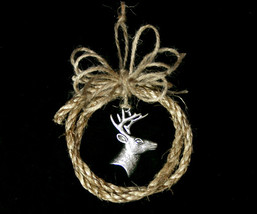 Handcrafted Western Country Rope Christmas Tree Ornament with Pewter Deer Head - £7.93 GBP