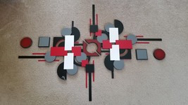 Contemporary Red Black Gray Modern Wood Metal Square Wall Sculpture 62x44 Art69 - £348.30 GBP