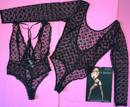 Victoria&#39;s Secret S TEDDY+long-sleeve one-piece+thigh-highs BLACK floral lace - £88.79 GBP