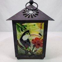 Vintage 1990s Hand Painted Toucan Bird Lantern 7x4.5x4.5 Inch Glass Metal - £16.86 GBP