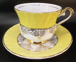 H&amp;M Sutherland Tea Cup Saucer Set English Bone China Yellow Gilded Floral - £11.07 GBP