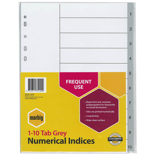 Marbig Numerical Indices &amp; Dividers A4 (Grey) - 1-10 Tab - $16.41