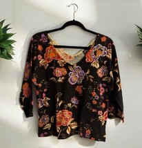 AUGUST SILK Knits Stretch Floral Beaded Sweater Women’s Size L Black V Neck - $23.50