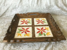 Vintage Retro Ceramic Tile Wooden Coffee Tea Serving Tray - £34.96 GBP