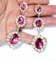 Bridesmaid Drop Earrings, Rhinestone Crystal Earrings, 3.4 inch Pink Chandelier  - £30.03 GBP