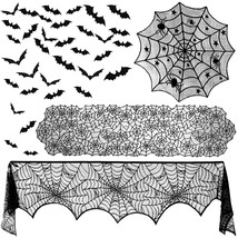 39 Pcs Halloween Decorations Kit Black Lace Spiderweb Round Tablecloth Table Run - £20.77 GBP