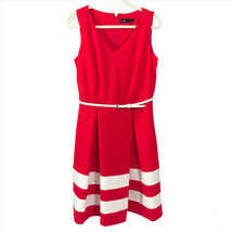 Leslie Fay Red/Orange &amp; White Belted Lined Fit &amp; Flare Women&#39;s Dress Size 8 - £17.81 GBP