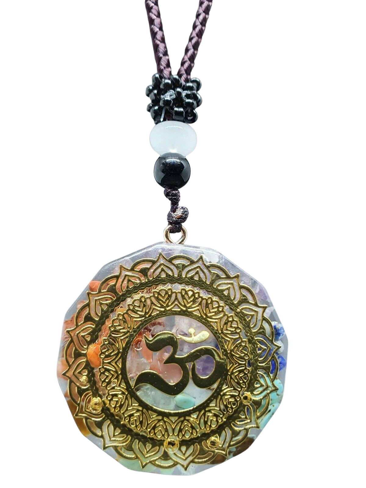 Orgone Om Necklace Pendant Symbol Chakra Healing Energy Gemstone Mandala Cord - $12.86