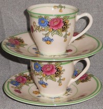 Rare 1920s Set (6) Coxon Belleek Florals w/GREEN Trim Demitasse Cups/Saucers - £141.91 GBP
