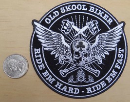 OLD SKOOL BIKER RIDE EM HARD RIDE EM FAST  IRON-ON / SEW-ON  PATCH 4&quot;x 4&quot; - $6.79