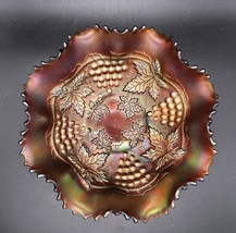 Antique Northwood Grape &amp; Cable Basket Amethyst Carnival Ruffled Edge Bowl - $74.99