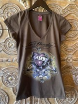 Ed Hardy By Christian Audigier Women’s Brown Short-Sleeve V-NECK T-Shirt Sz. M - $29.10