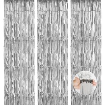 Silver Party Streamers 3 Pack Metallic Tinsel Foil Fringe Curtains 3.2Ft... - £8.64 GBP