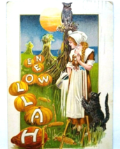 Halloween Postcard Fantasy Pumpkins Black Cat Owl Farmer Sun John Winsch 1913 - £81.89 GBP