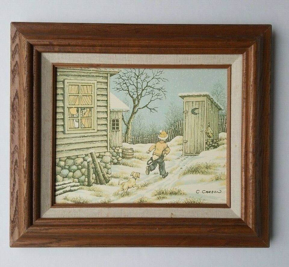 Carson Little Boy Heading to Outhouse Pants Down Snow Dog Framed Print - $18.00