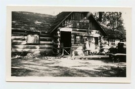 Woman &amp; Girl Holding Dog in Front of Log Cabin Photograph 1935 - £14.19 GBP