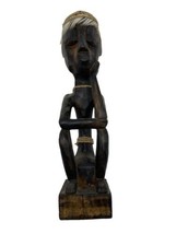 Carved Wood Tribal Statue Sitting Sculpture Fur Art Figure Ethnic Home Decor 12&quot; - £33.18 GBP