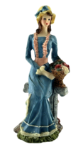 Victorian Lady Figurine Resin Sculpture Sits on Stone Bench Flower Basket Blue - £19.21 GBP