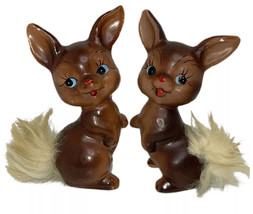 VTG Enesco Bunny Rabbit Puffy Fur Tails Salt &amp; Pepper Shakers Made in Ja... - $25.95
