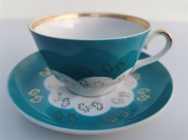 Rare Vintage RPR Riga Tea Cup and Saucer Aquamarine and Gold Hand Painted - £29.50 GBP