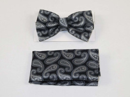 Men Bow Tie Hankie J.Valintin Tuxedo or Business #12369 Black Silver Paisley - £15.97 GBP