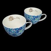 Lilly Pulitzer Ceramic Mugs Set Blue Teal White Purple Floral Gold Trim 2 Cups - £23.67 GBP