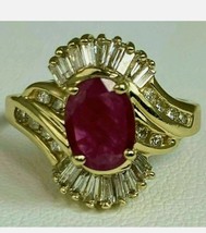 2 Ct Ruby Baguette Diamond Halo Swirl Cluster Vintage Ring 14K Yellow Gold Fn - £82.93 GBP