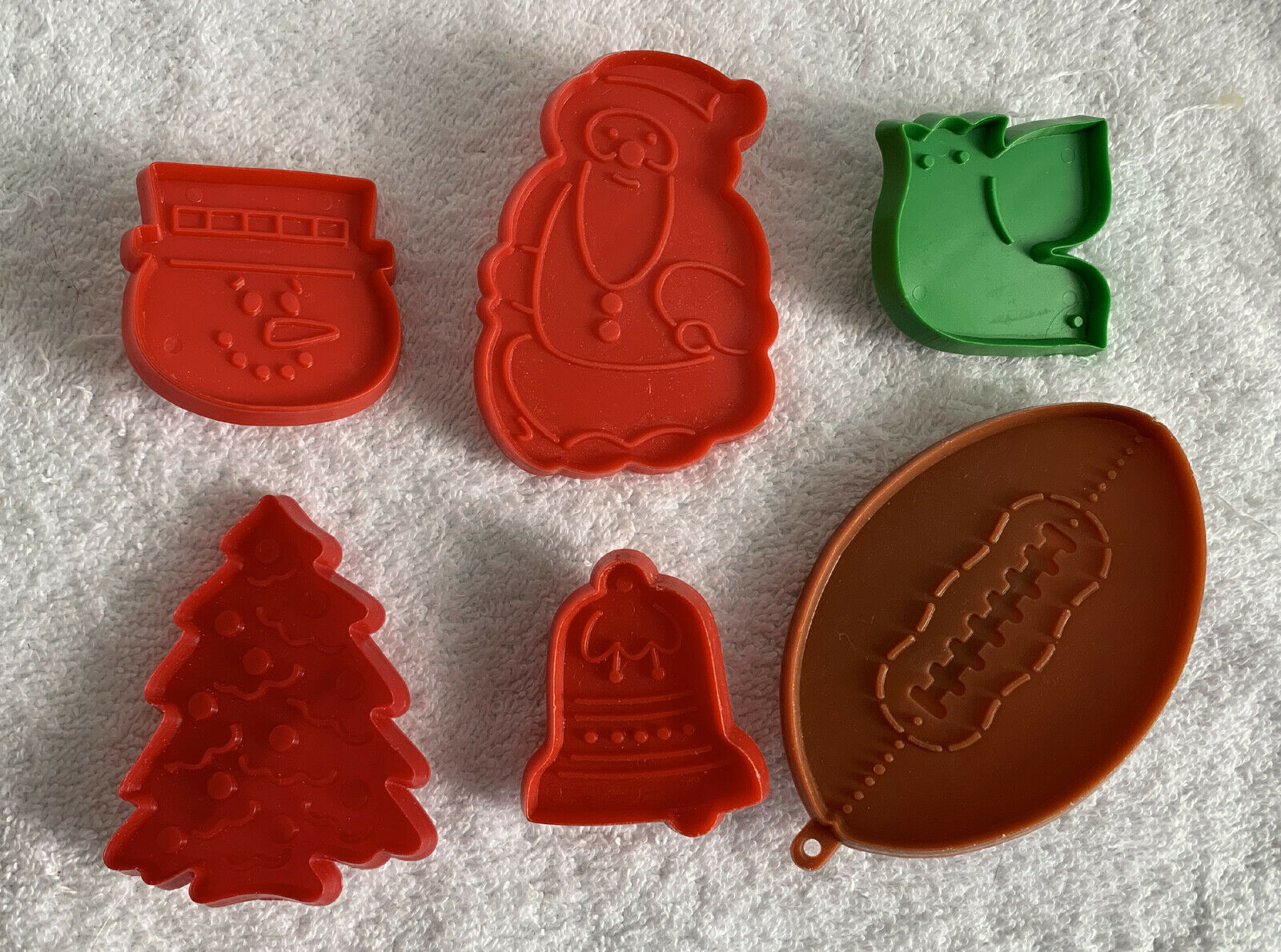 6 Vintage Hallmark Cookie Cutters Plastic Football Dove Bell Snowman Tree Santa - $18.76