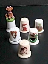 Vintage Lot of 6 Sewing Thimbles Ceramic Porcelain Bear Horse Rabbit - $14.99