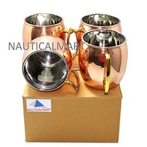 Set of 4 Barrel Copper Moscow Mule Mug Handmade Of 100% Pure Copper, Nickel Line - £38.24 GBP