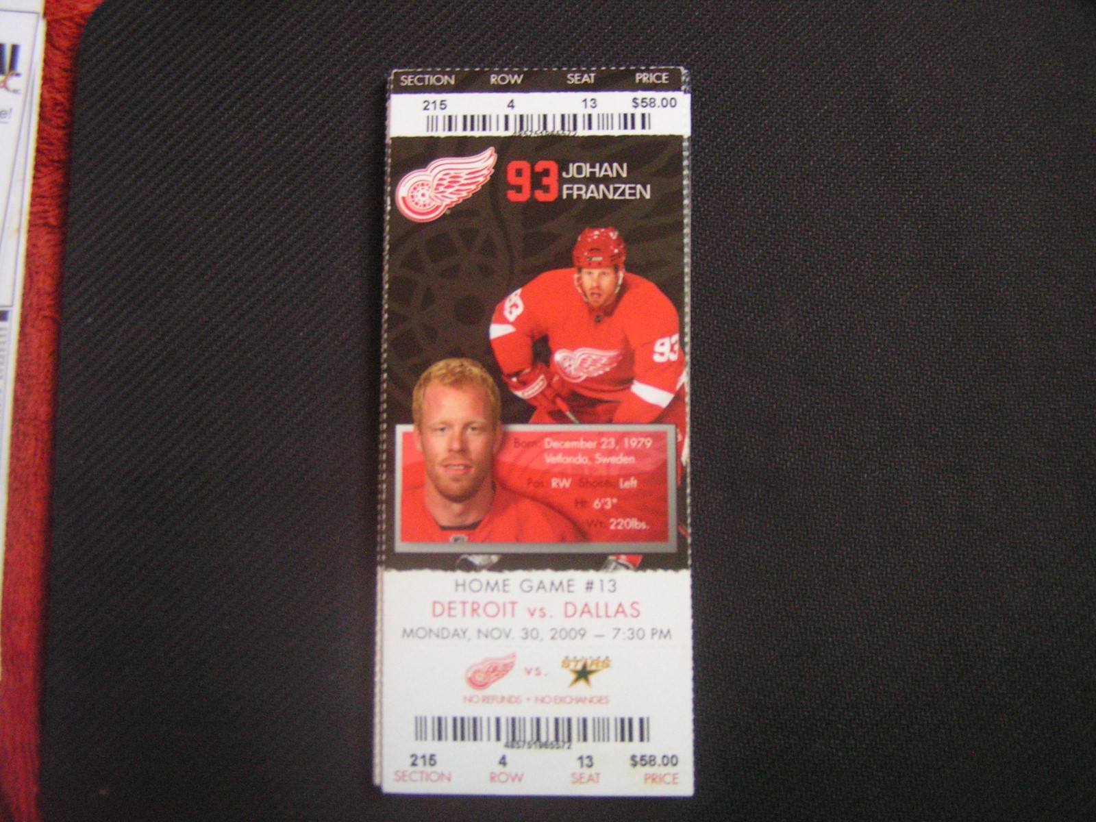 Primary image for NHL 2009-10 Detroit Red Wings Ticket Stub Vs Dallas 11-30-09