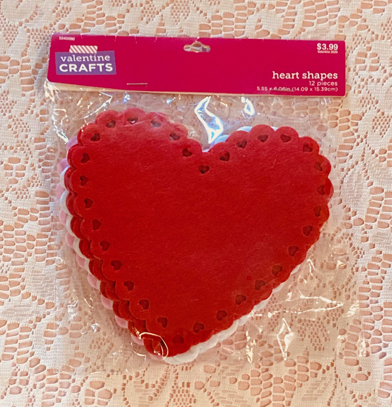 Valentine Crafts felt heart shapes 6&quot; (ish) red white pink package of 12 - $3.00