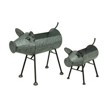 Zeckos Galvanized Metal Set of 2 Indoor Outdoor Pig Planter With Stands - £62.06 GBP