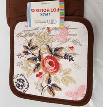 Set Of 2 Same Printed Pot Holders 7&quot; X 7&quot; Butterfly &amp; Flower W/ Brown Back Home - £12.85 GBP