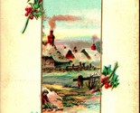 Holly Winter Cabin Embossed All Good Xmas Christmas Wishes 1910s Postcard  - $3.91