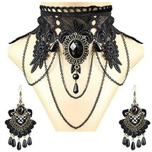 Black Crochet Lace Choker Necklace Gothic Jewelry Halloween Amulets Earrings Set - £19.16 GBP