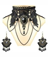 Black Crochet Lace Choker Necklace Gothic Jewelry Halloween Amulets Earrings Set - $23.98