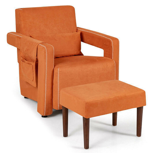 Modern Berber Fleece Single Sofa Chair with Ottoman and Waist Pillow-Orange - Co