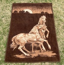 Vintage Horses Reversible Throw Blanket 80&quot;x60&quot; Homemaker Ind. Made West Germany - £51.22 GBP