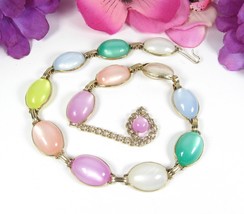 PASTEL INSET GEMS Vintage NECKLACE Thermoset Moonglow Goldtone Choker 16&quot; - $19.79