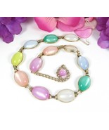 PASTEL INSET GEMS Vintage NECKLACE Thermoset Moonglow Goldtone Choker 16&quot; - $364.70 MXN