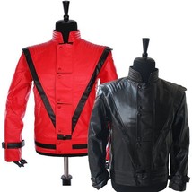  MJ Thriller Michael Jackson Mens Real Leather Biker Jacket Costume Red & Black - £63.15 GBP+