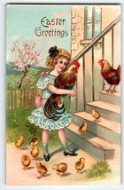 Easter Postcard Girl Holds Rooster Baby Chicks Germany Gold Trim Embossed 6203 - £9.48 GBP