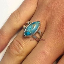 Women Blue Copper Turquoise Ring Solid 925 Silver Marquise Turquoise Jewelry - £44.45 GBP