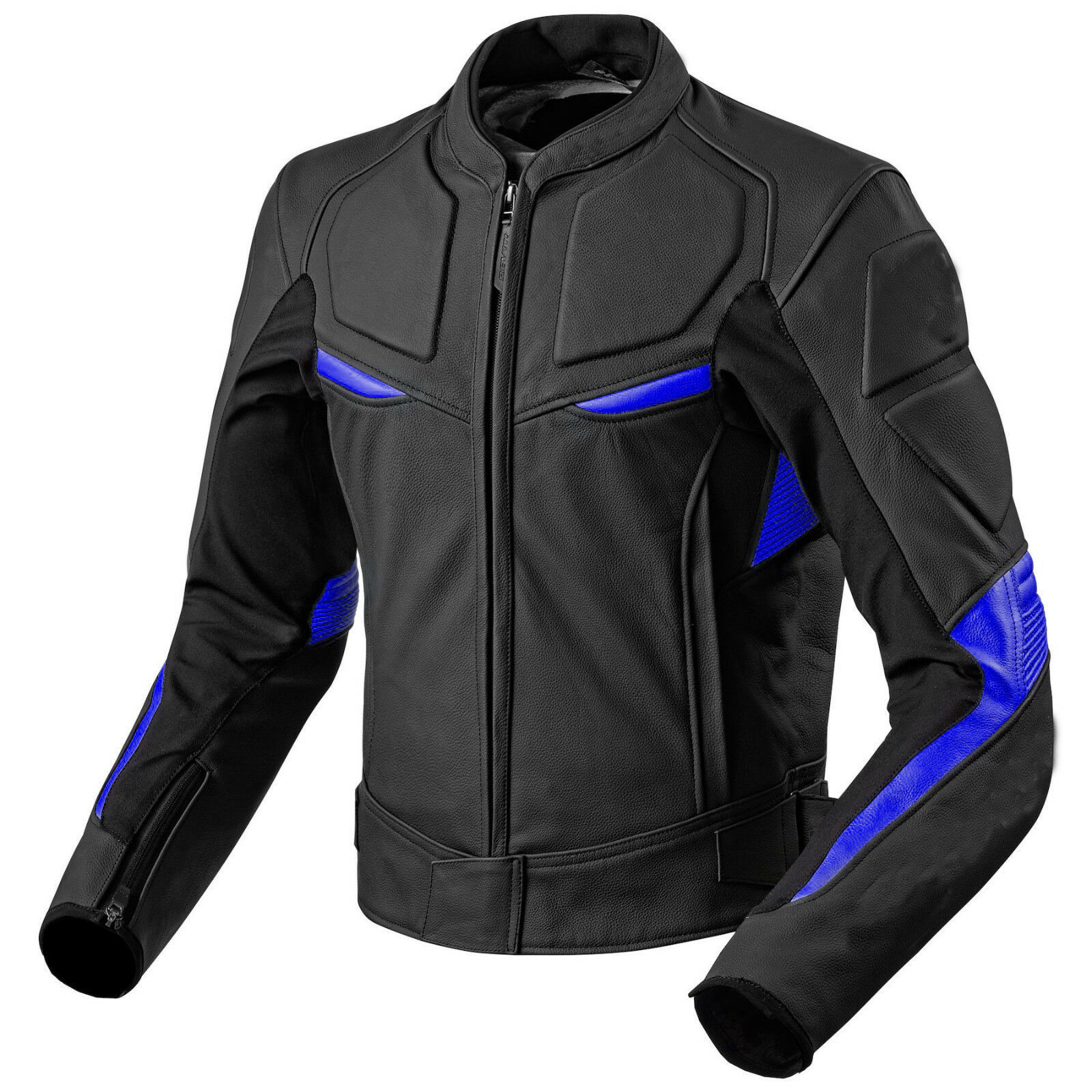 Custom Men Black Blue Cont Motorcycle Front Zip Real Leather Safety Pads jacket