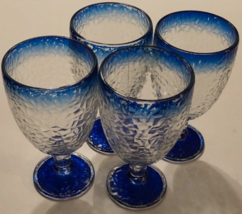 WATER GLOBET Set of 4 Textured Blue Rimmed Vintage Wine Glass Water Stem... - $41.79