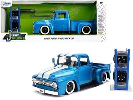 1956 Ford F-100 Pickup Truck Blue Metallic with White Stripes and Extra Wheels - $50.59